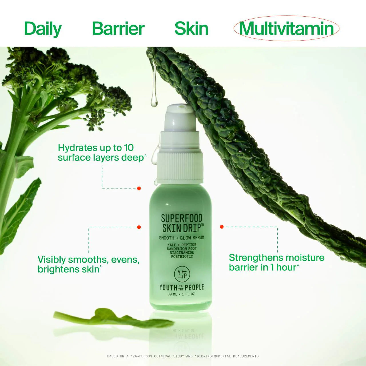 Suero protector Superfood Skin Drip Smooth + Glow con péptidos y niacinamida