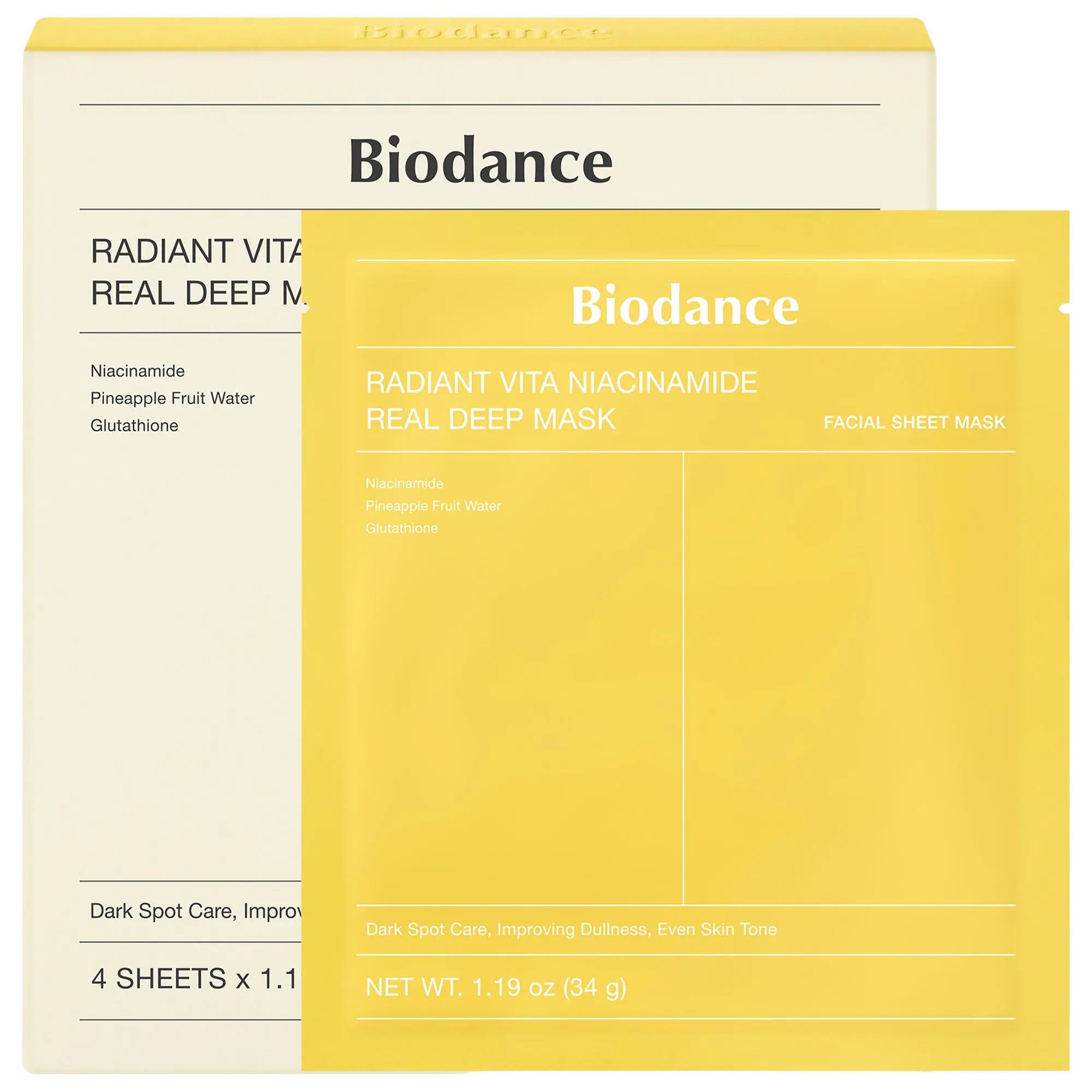 Mascarilla Radiant Vita Niacinamide Real Deep (paquete de 4) para iluminar la piel opaca y cuidar las manchas oscuras